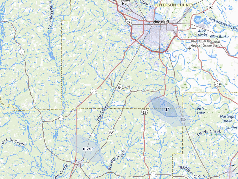NEXRAD radar-signature map of the hail storm over Pine Bluff, AR on Jul 6, 2026