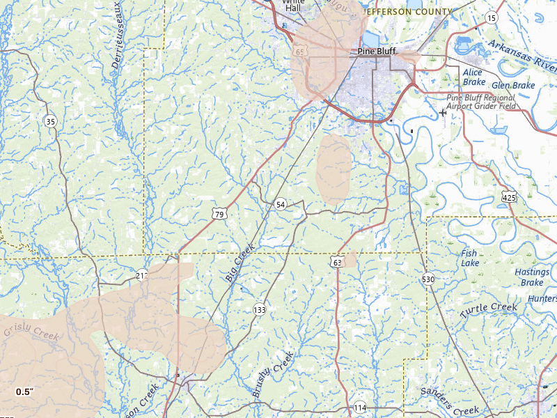 Radar-estimated hail-size map of the storm over Pine Bluff, AR on Jul 8, 2026