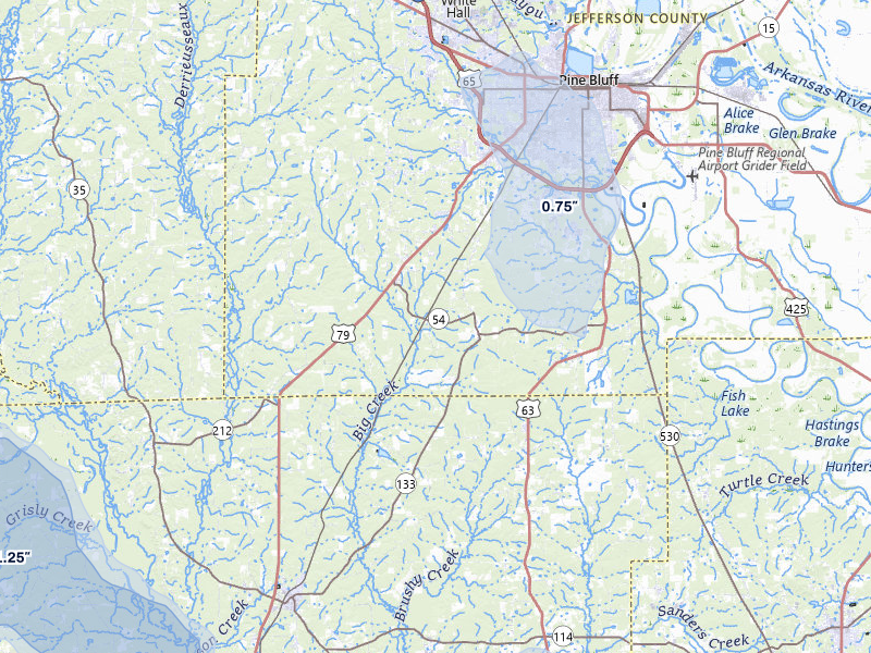 NEXRAD radar-signature map of the hail storm over Pine Bluff, AR on Jul 8, 2026