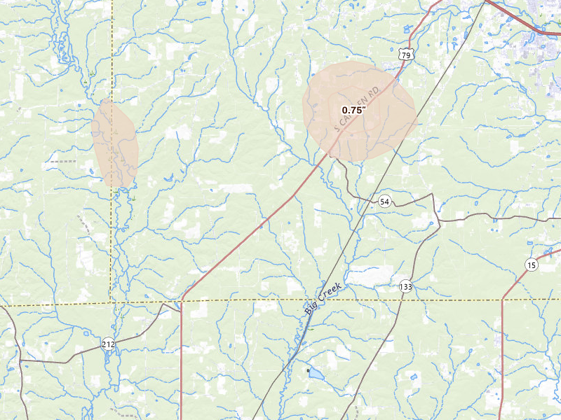 Radar-estimated hail-size map of the storm over Pine Bluff, AR on Aug 7, 2026