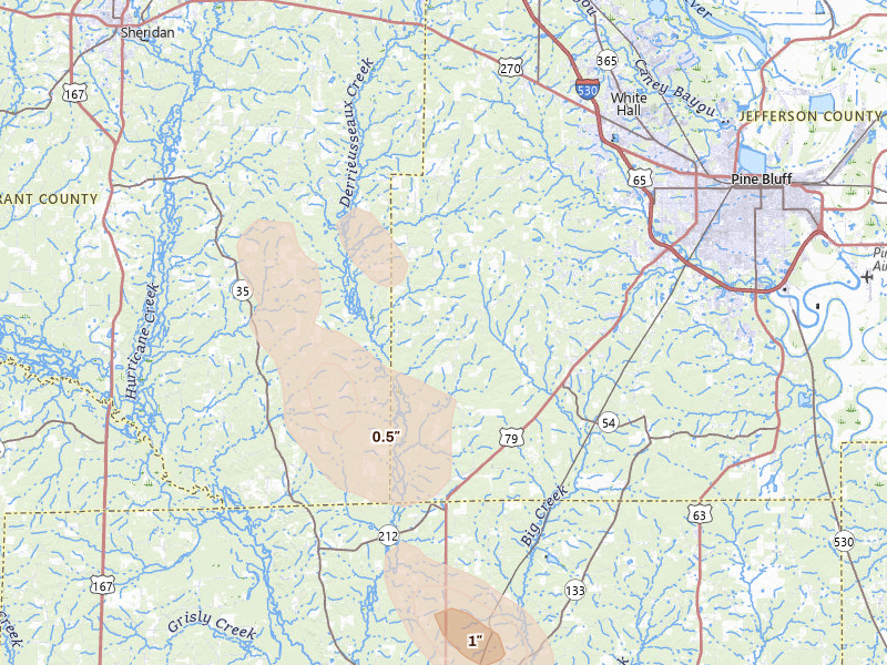 Radar-estimated hail-size map of the storm over Pine Bluff, AR on Aug 24, 2026