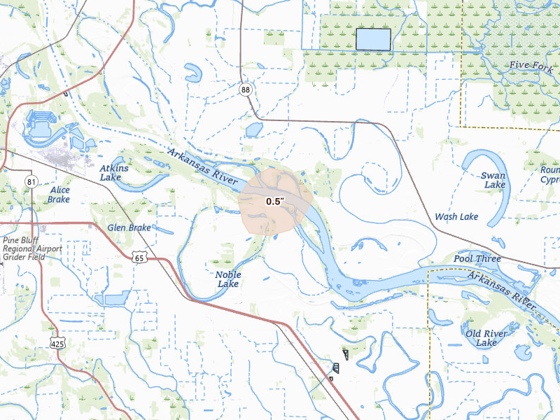 Radar-estimated hail-size map of the storm over Pine Bluff, AR on Aug 26, 2026