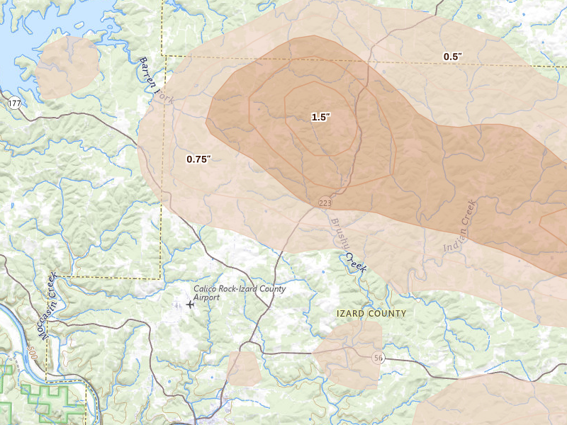 Radar-estimated hail-size map of the storm over Pineville, AR