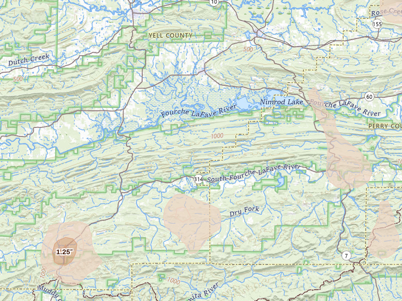 Radar-estimated hail-size map of the storm over Plainview, AR on Jul 4, 2026