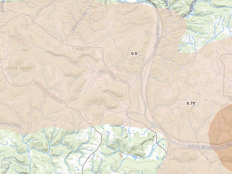 Radar-estimated hail-size map of the storm over Pleasant Grove, AR on Apr 27, 2026