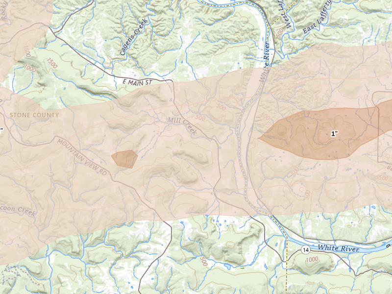 Radar-estimated hail-size map of the storm over Pleasant Grove, AR on Apr 28, 2026