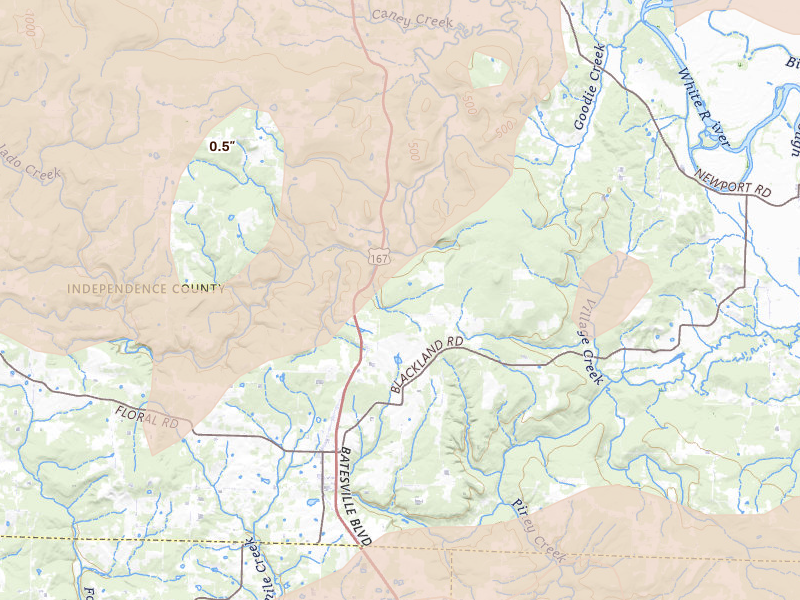Radar-estimated hail-size map of the storm over Pleasant Plains, AR on Apr 27, 2026