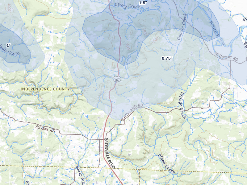 NEXRAD radar-signature map of the hail over Pleasant Plains, AR