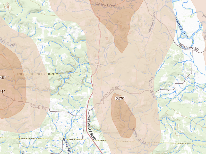 Radar-estimated hail-size map of the storm over Pleasant Plains, AR on Jun 1, 2026