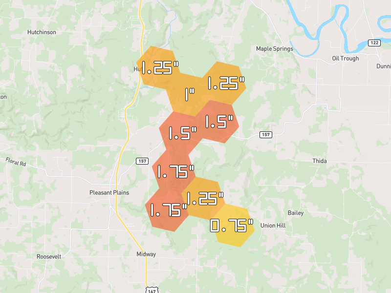 Hail map of Pleasant Plains, AR on Jun 1, 2026, hail up to 1.75"