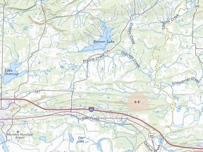 Radar-estimated hail-size map of the storm over Plumerville, AR on Jun 25, 2026