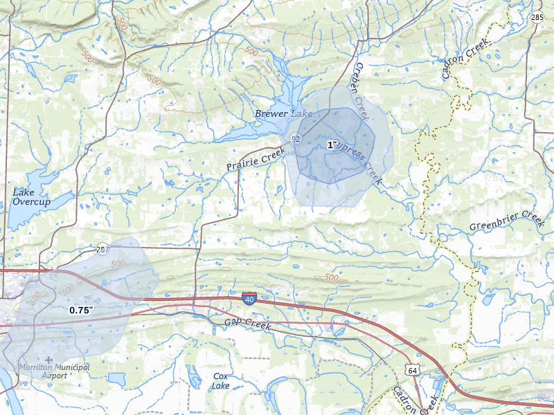 NEXRAD radar-signature map of the hail storm over Plumerville, AR on Jul 11, 2026
