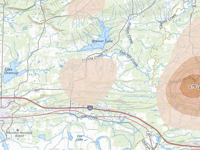 Radar-estimated hail-size map of the storm over Plumerville, AR on Aug 17, 2026