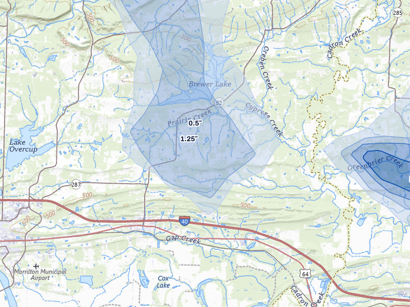 NEXRAD radar-signature map of the hail storm over Plumerville, AR on Aug 17, 2026
