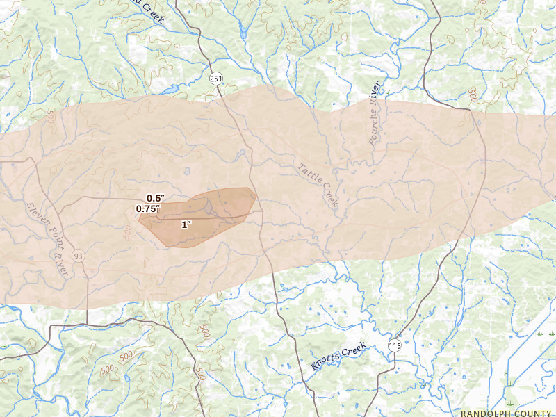 Radar-estimated hail-size map of the storm over Pocahontas, AR on Mar 4, 2026