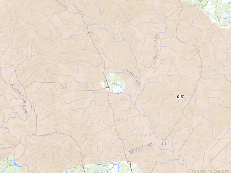 Radar-estimated hail-size map of the storm over Pocahontas, AR on Apr 27, 2026
