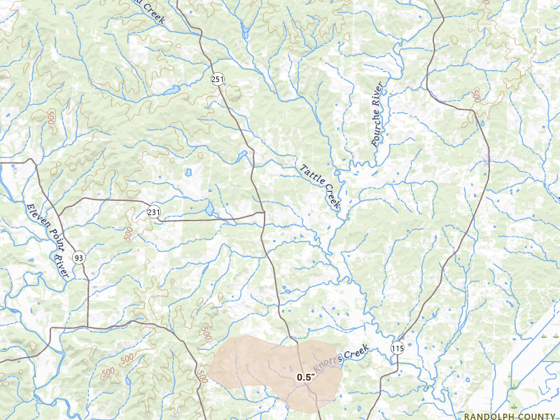 Radar-estimated hail-size map of the storm over Pocahontas, AR on Jul 31, 2026