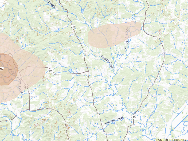 Radar-estimated hail-size map of the storm over Pocahontas, AR on Aug 16, 2026