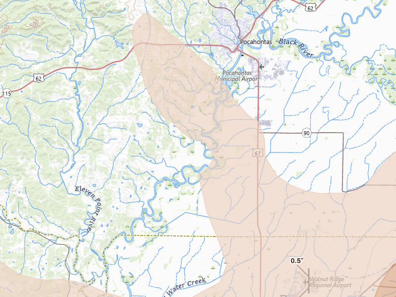 Radar-estimated hail-size map of the storm over Pocahontas, AR on Aug 22, 2026