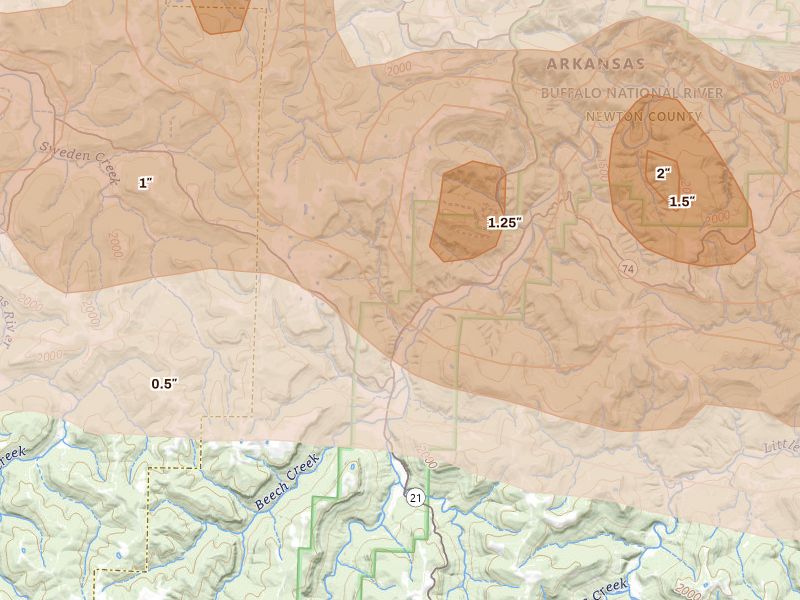 Radar-estimated hail-size map of the storm over Ponca, AR on Apr 28, 2026