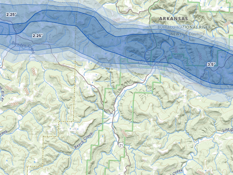 NEXRAD radar-signature map of the hail storm over Ponca, AR on Apr 28, 2026