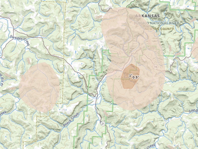 Radar-estimated hail-size map of the storm over Ponca, AR on Aug 26, 2026