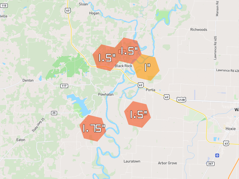 Hail map of Portia, AR on Jul 11, 2026, hail up to 1.75"