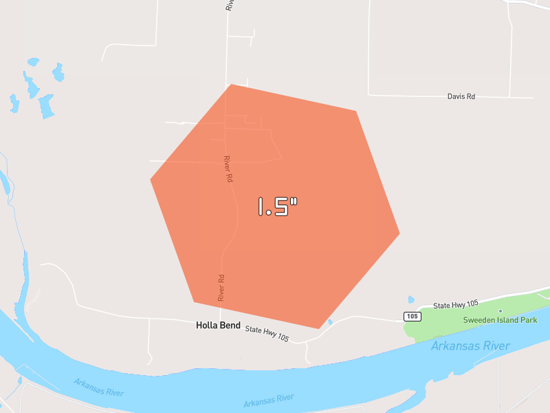 Hail map of Pottsville, AR on Jul 29, 2026, hail up to 1.5"