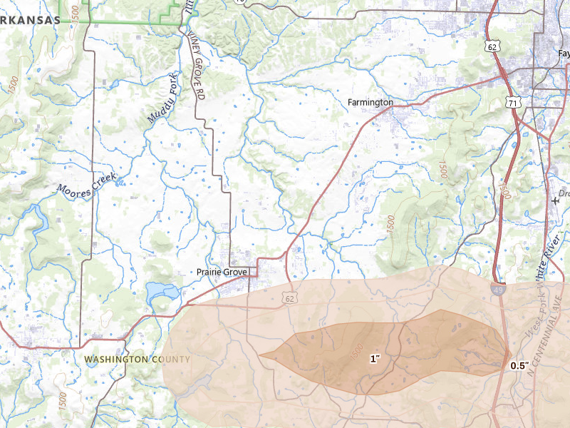 Radar-estimated hail-size map of the storm over Prairie Grove, AR on Apr 25, 2026