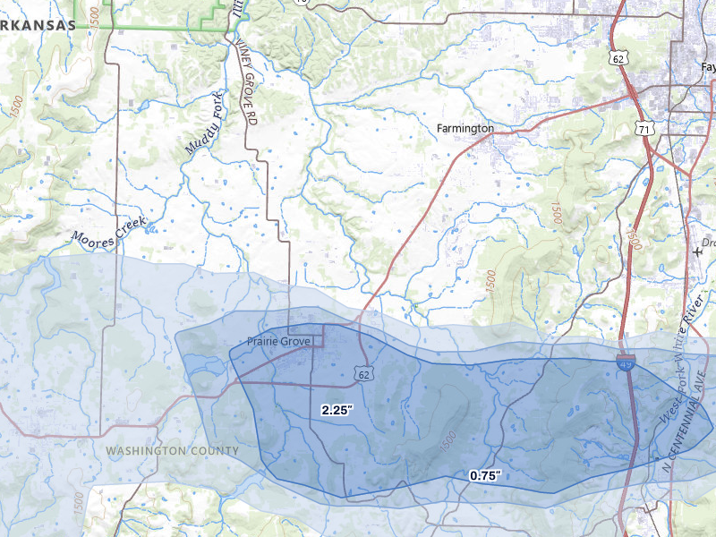 NEXRAD radar-signature map of the hail over Prairie Grove, AR