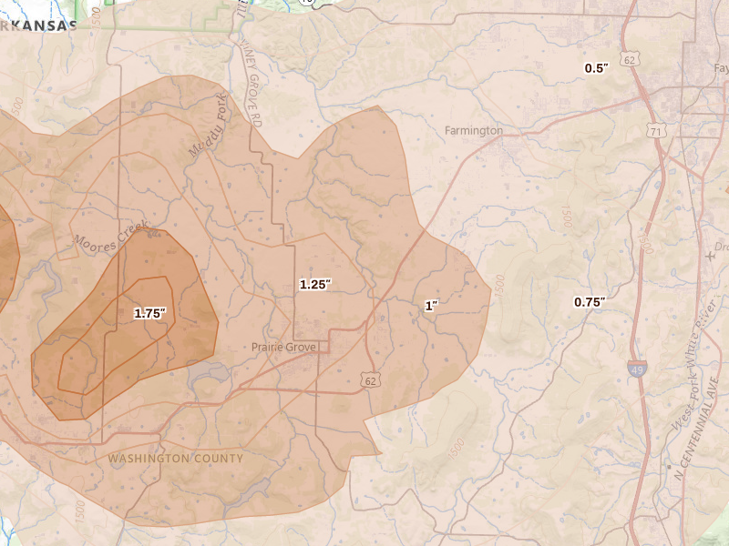 Radar-estimated hail-size map of the storm over Prairie Grove, AR on Apr 28, 2026