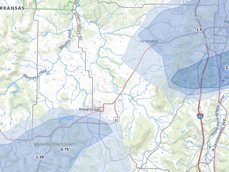NEXRAD radar-signature map of the hail storm over Prairie Grove, AR on Apr 28, 2026