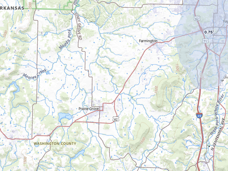 NEXRAD radar-signature map of the hail storm over Prairie Grove, AR on Jul 11, 2026