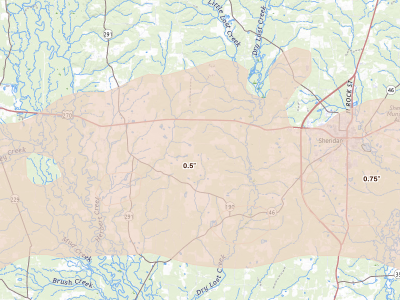 Radar-estimated hail-size map of the storm over Prattsville, AR