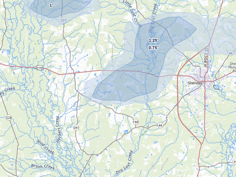 NEXRAD radar-signature map of the hail storm over Prattsville, AR on May 5, 2026