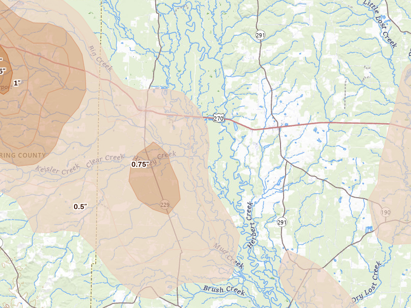 Radar-estimated hail-size map of the storm over Prattsville, AR on Aug 20, 2026