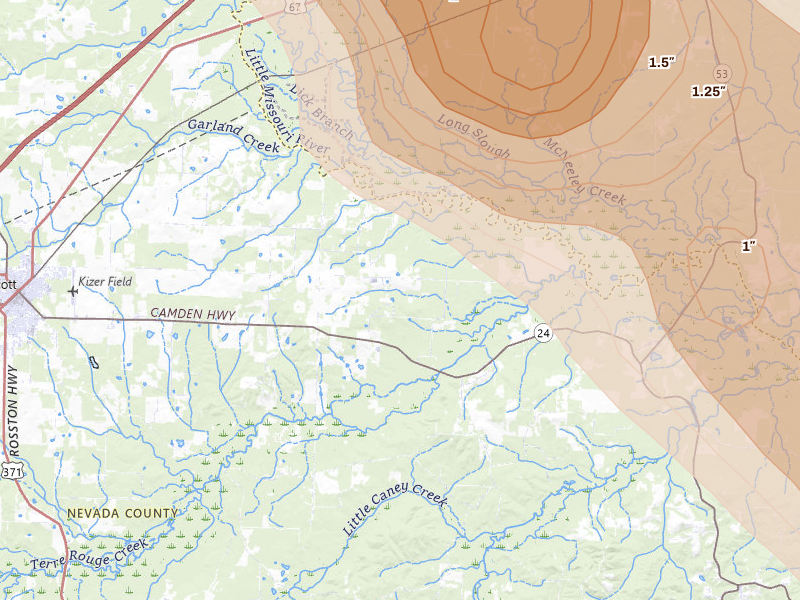 Radar-estimated hail-size map of the storm over Prescott, AR on Apr 25, 2026