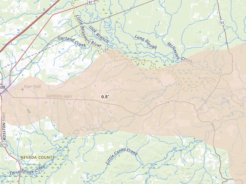 Radar-estimated hail-size map of the storm over Prescott, AR on Apr 28, 2026
