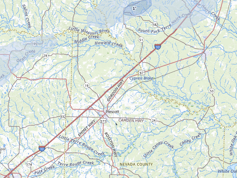 NEXRAD radar-signature map of the hail over Prescott, AR