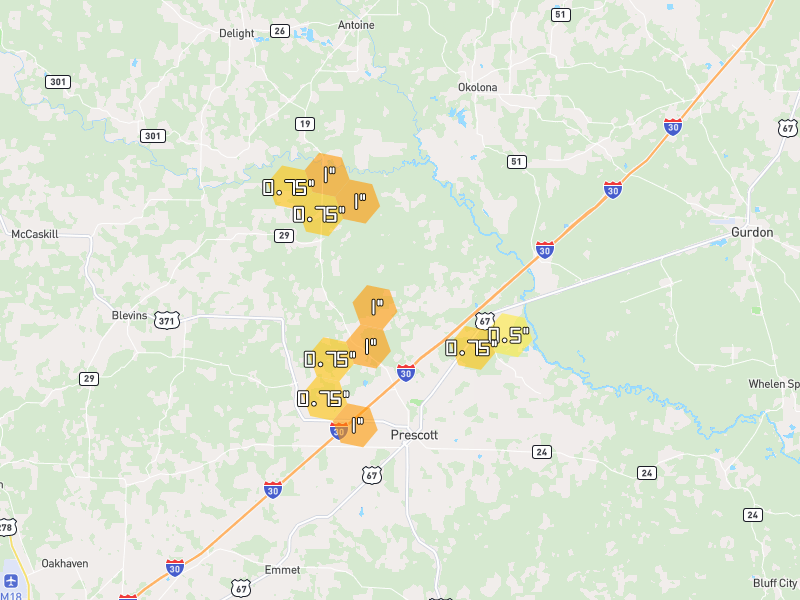 Hail map of Prescott, AR on Jul 4, 2026, hail up to 1"