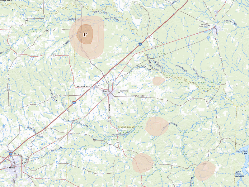 Radar-estimated hail-size map of the storm over Prescott, AR