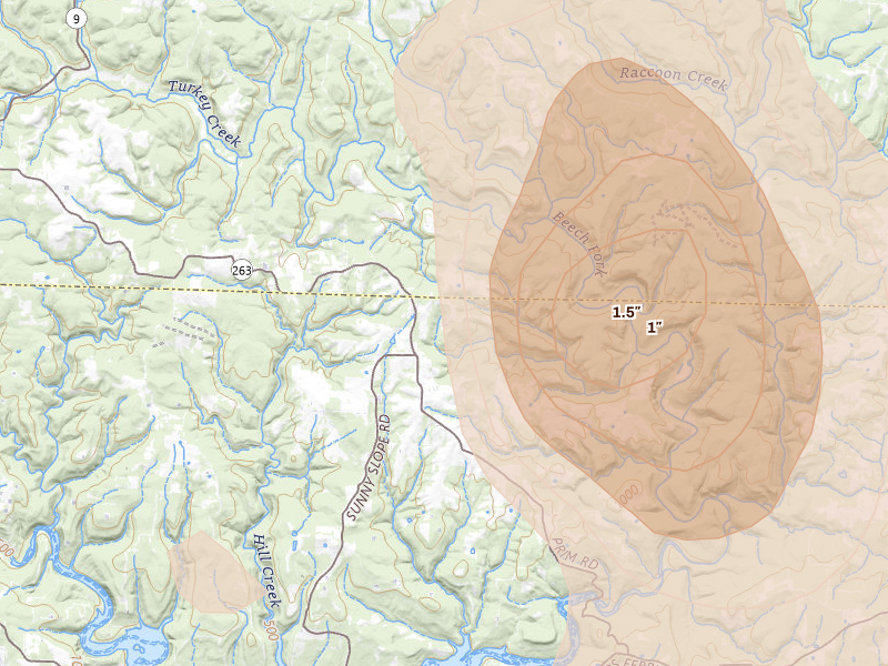 Radar-estimated hail-size map of the storm over Prim, AR on Aug 26, 2026