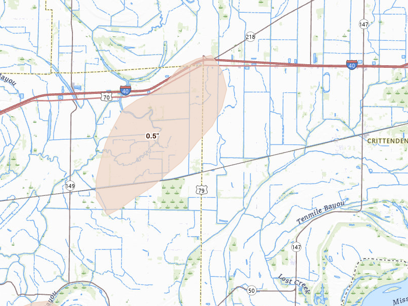 Radar-estimated hail-size map of the storm over Proctor, AR on Apr 28, 2026