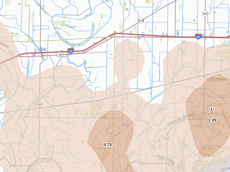 Radar-estimated hail-size map of the storm over Proctor, AR on Jun 1, 2026