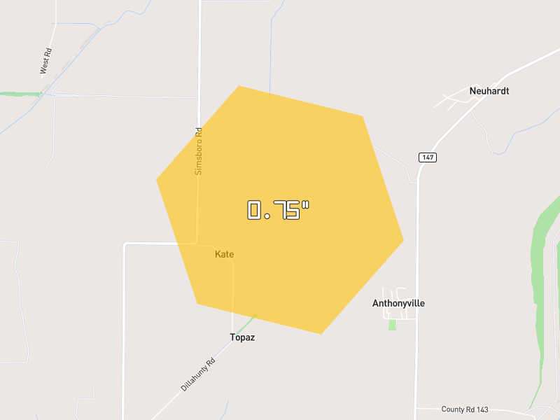 Hail map of Proctor, AR on Jun 1, 2026, hail up to 0.75"