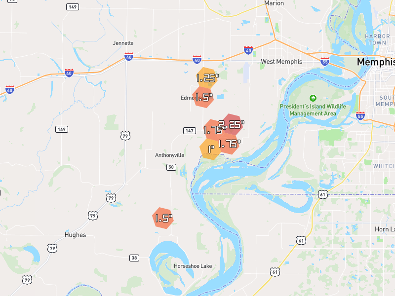 Hail map of Proctor, AR on Jun 2, 2026, hail up to 2.25"