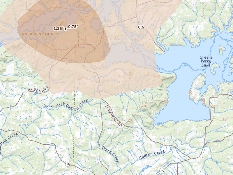Radar-estimated hail-size map of the storm over Quitman, AR