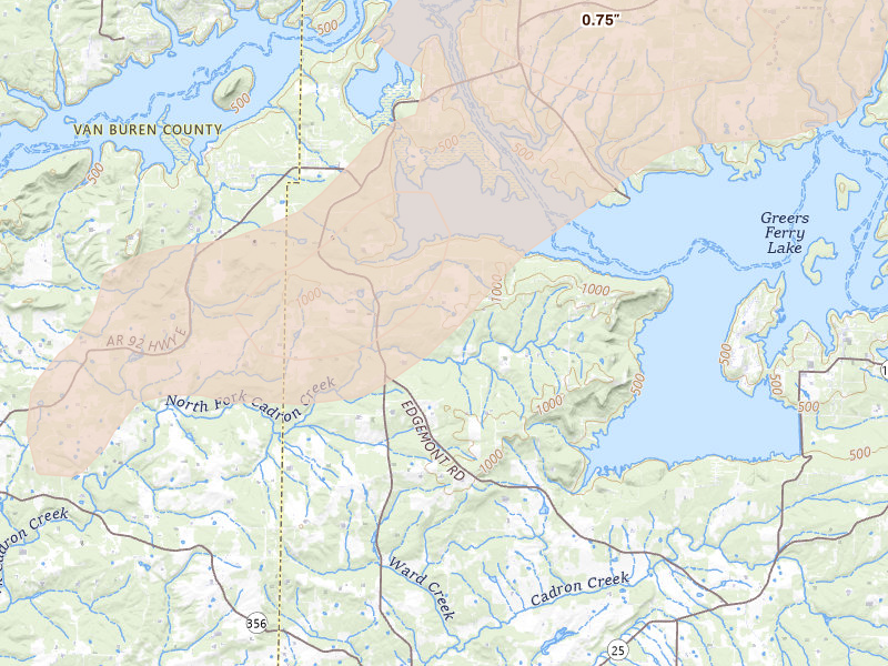 Radar-estimated hail-size map of the storm over Quitman, AR on Jul 11, 2026