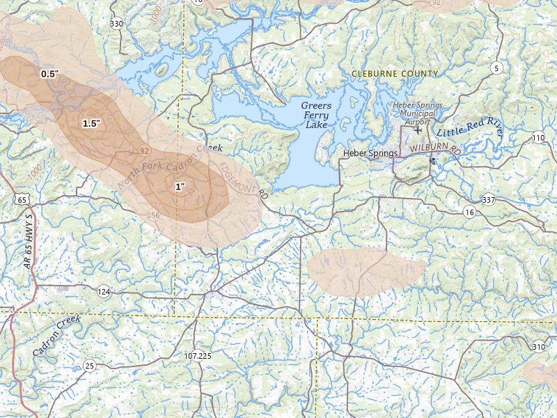 Radar-estimated hail-size map of the storm over Quitman, AR on Aug 22, 2026