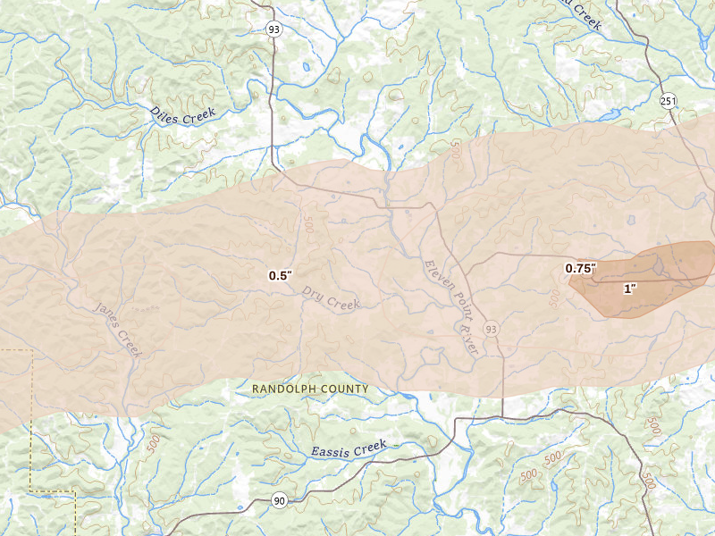 Radar-estimated hail-size map of the storm over Ravenden Springs, AR on Mar 4, 2026